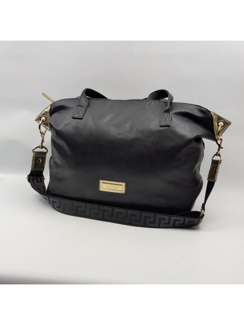Versace Parfums Sample Black Faux Leather Large Duffle Shoulder Bag Handbag